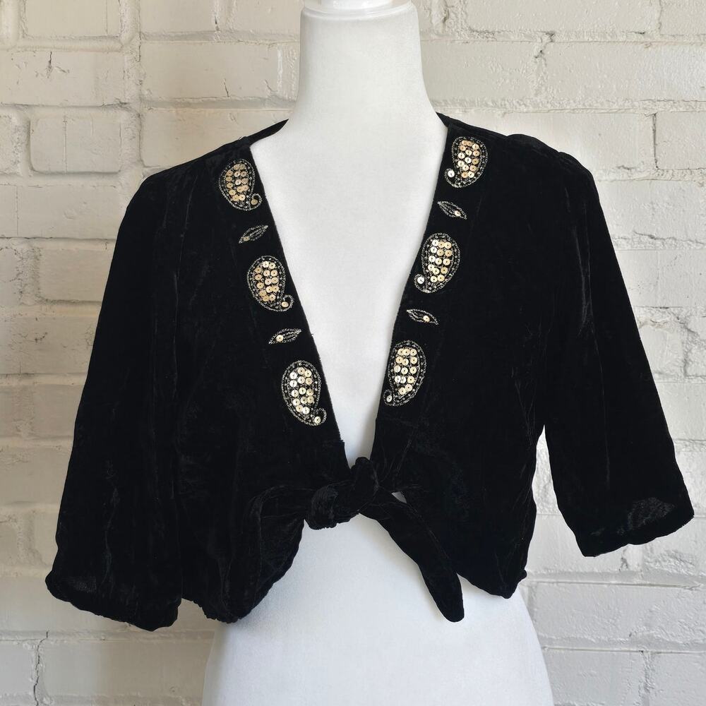 ​Vintage EDWARD Black Silk Rayon Velvet Tie Front Whimsigoth Embroidered Bolero
